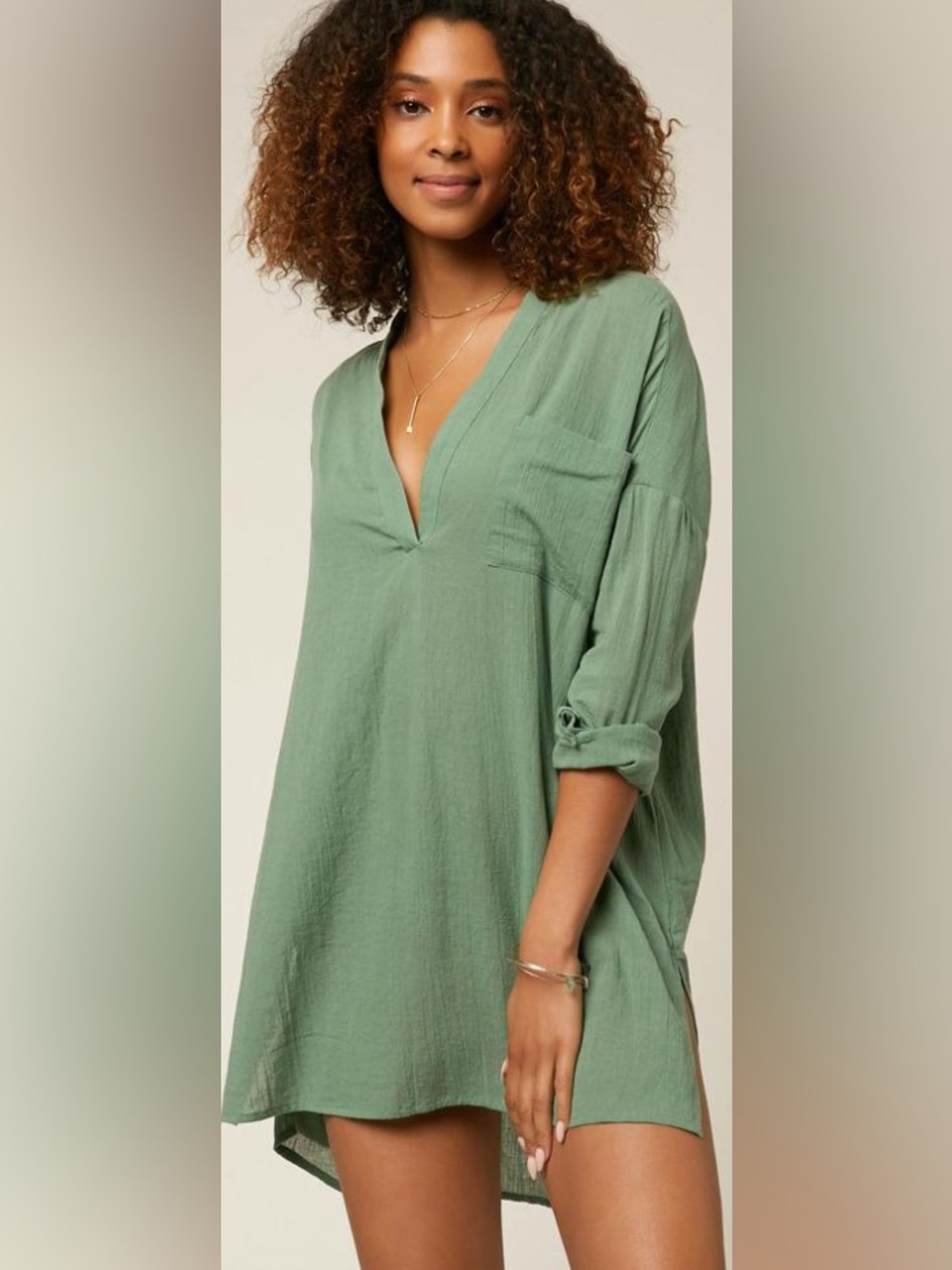 O'Neill Belizin Cover-Up Sage Green V-Neck Tunic with Chest Pocket